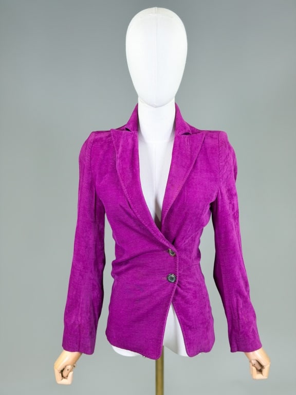 Vintage 1990s Ann Demeulemeester Corduroy Blazer: Vintage 1990s Ann Demeulemeester Corduroy Blazer having button front closure. Marked size 36. Measuring 34 inch bust, 28 inch waist, 25 inches long, 24 inch sleeve length. General wear as shown throug