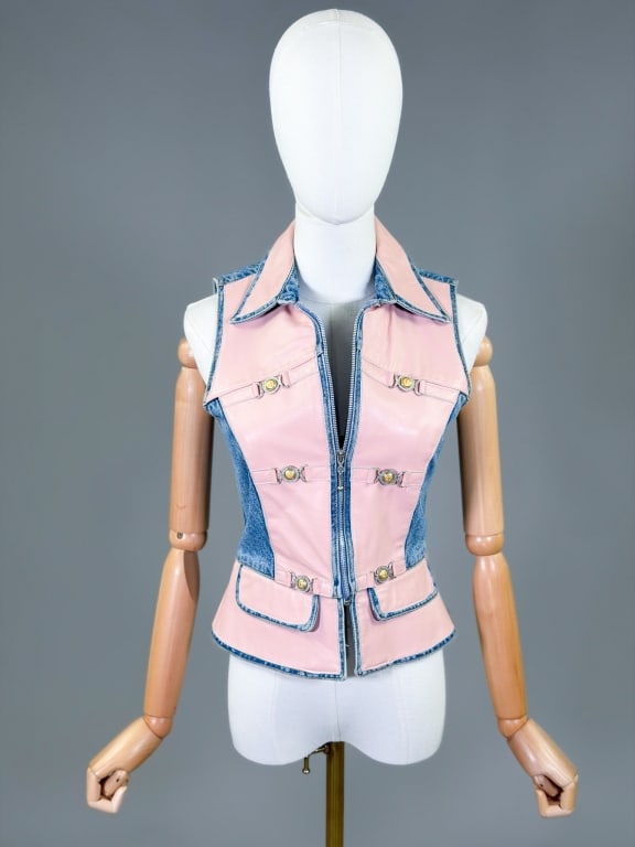 Vintage 1990s Cache Denim Leather Zip Top: Vintage 1990s Cache Denim Leather Zip Top having zip front closure with buckle details, marked size small. Measuring 34 inch bust, 26 inch waist, 20 inches long. From the lifetime collection, fashion 