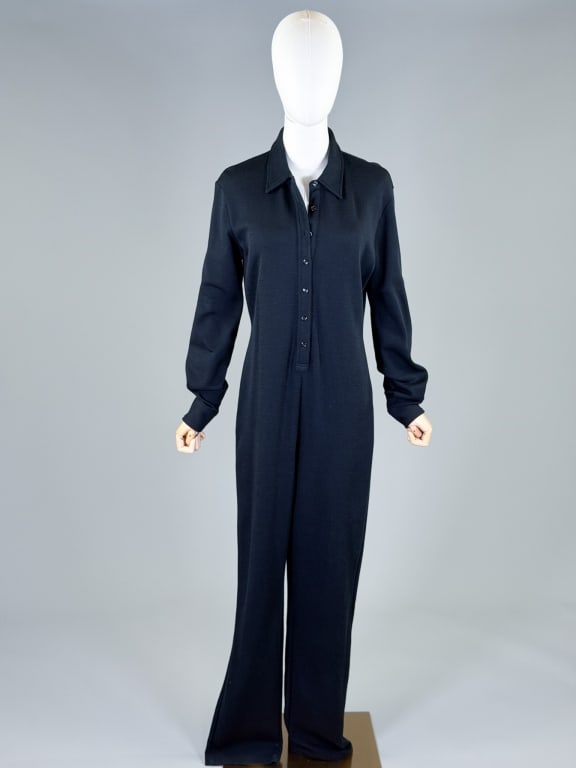 Vintage 1990s Ralph Lauren Wool Knit Jumpsuit: Vintage 1990s Ralph Lauren Wool Knit Jumpsuit having button front placket closure. Marked size Large with stretch throughout. Measuring 40-54 inch bust, 34-50 inch waist, 61 inches long, 27 inch sleev
