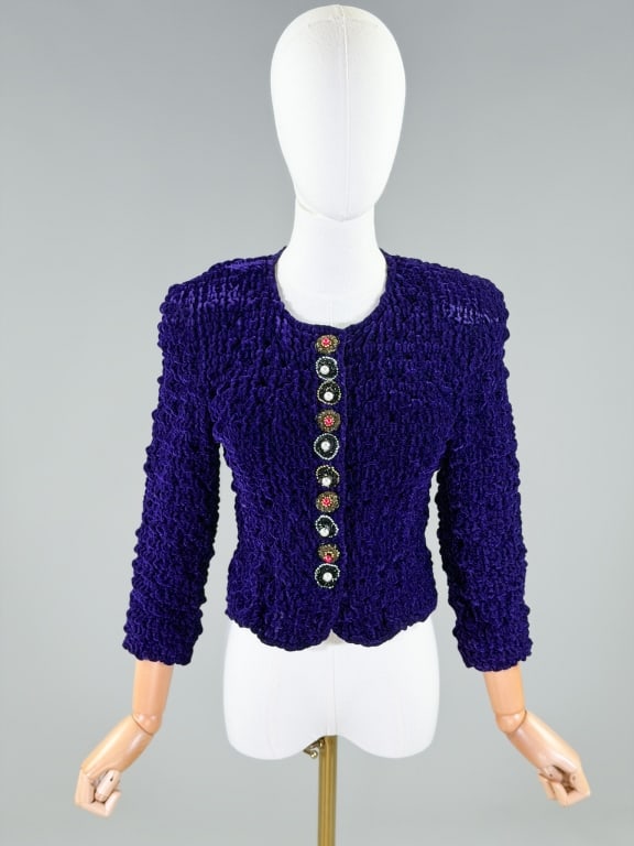 Vintage 1990s Elasticated Velvet Cardigan Top: Vintage 1990s Elasticated Velvet Cardigan Top having button and snap front closure with stretch throughout. Marked size US 4. Measuring 32-40 inch bust, 26-38 inch waist, 18 inches long, 19 inch sleev