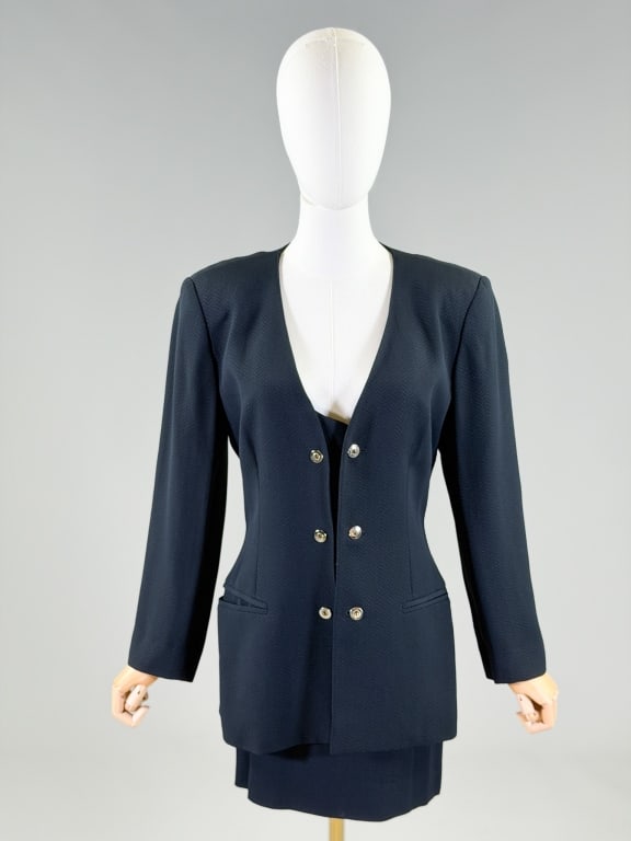 Vintage 1990s Claude of Montana Skirt Suit Set: Vintage 1990s Claude of Montana Skirt Suit Set with jacket having button front closure and two front pockets. Jacket measuring 38 inch bust, 32 inch waist, 29 inches long, 23 inch sleeve length. Skirt