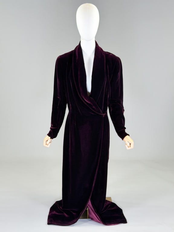 Vintage 1990s Donna Karan Velvet Wrap Gown Dress: Vintage 1990s Donna Karan Velvet Wrap Gown Dress having button front closure. Marked size 8. Measuring 38 inch bust, 30 inch waist, 57 inches long, 23 inch sleeve length. General wear throughout as sh