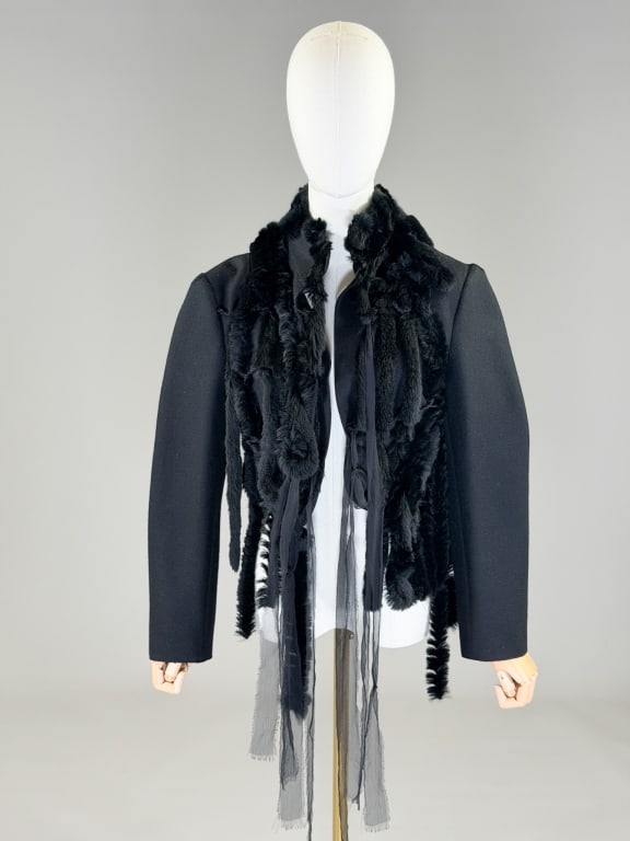 Vintage 1990s Alberta Ferretti Rabbit Fur Jacket: Vintage 1990s Alberta Ferretti Rabbit Fur Jacket having ribbon tie closure at front. Measuring approximately 29 inches long including fringe, 23 inch sleeve length. From the lifetime collection, fashi