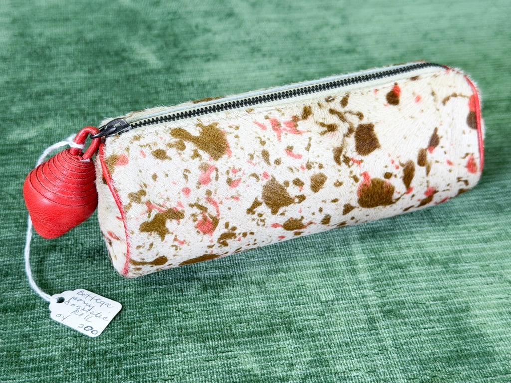 Vintage 1990s Bottega Veneta Pony Hair Pencil Case: Vintage 1990s Bottega Veneta Pony Hair Pencil Case Bag having zip closure with leather zipper pull. Measuring approximately 6 inches long. From the lifetime collection, fashion archive and business in