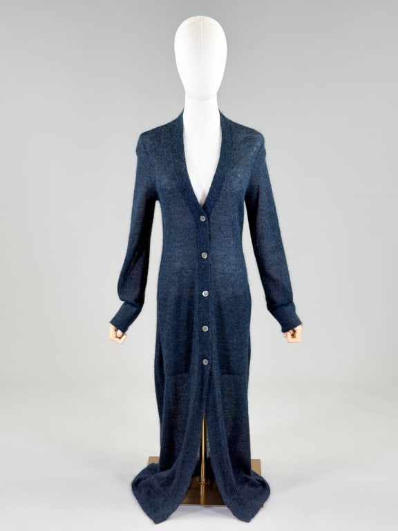 Dries Van Noten Mohair Wool Cardigan Maxi Dress: Dries Van Noten Mohair Wool Cardigan Maxi Dress having button front closure and two front pockets. Marked size Small. Measuring 32-44 inch bust, 28-42 inch waist, 53 inches long, 28 inch sleeve length