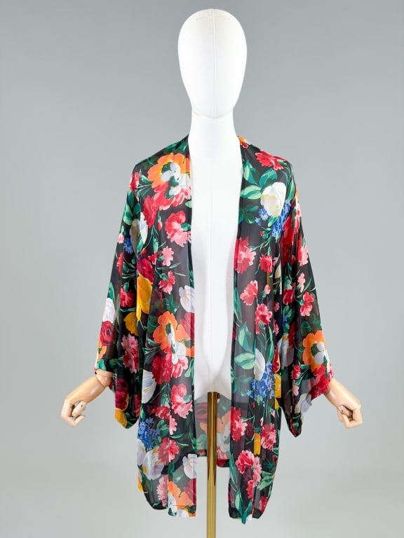 Vintage Floral Printed Silk Chiffon Robe Jacket: Vintage Floral Printed Silk Chiffon Robe Jacket. Measuring 35 inches long, 18 inch sleeve length. From the lifetime collection, fashion archive and business inventory of collector and dealer Elaine Kl