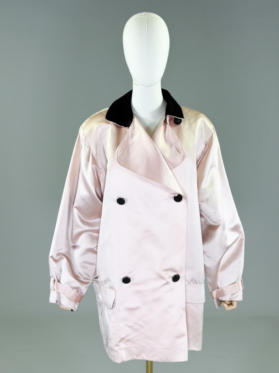 Vintage 1990s Krizia Satin Blazer Jacket Coat: Vintage 1990s Krizia Satin Blazer Jacket Coat having button front closure and front pockets. Marked size 44. Measuring 48 inch bust, 34 inches long, 24 inch sleeve length. General wear as shown throug
