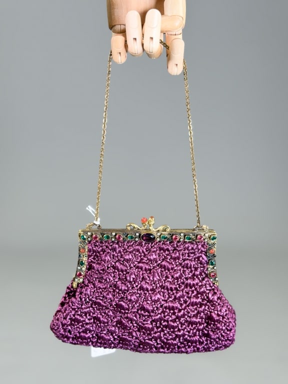 Vintage Marilyn Pivnick Crochet Evening Bag: Vintage Marilyn Pivnick Crochet Evening Bag having metal frame kiss lock closure. Measuring approximately 5 inches high by 8 inches high. From the lifetime collection, fashion archive and business inv