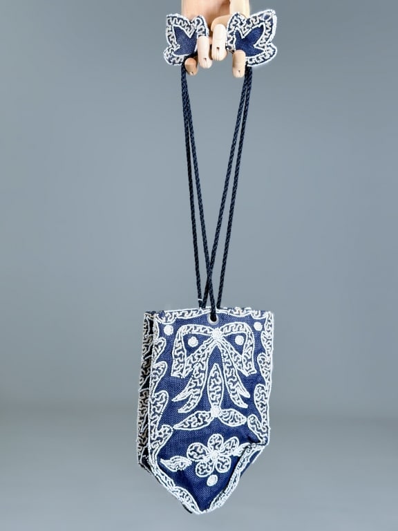 Vintage Blue Linen Beaded Drawstring Purse (1 of 4)