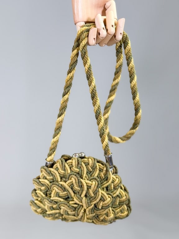 Vintage Perez Sanz Woven Evening Purse Bag: Vintage Perez Sanz Woven Evening Purse Bag having metal interior with kiss lock closure and shoulder strap. Measuring approximately 6 inches high by 8 inches wide by 3 inches deep. From the lifetime c