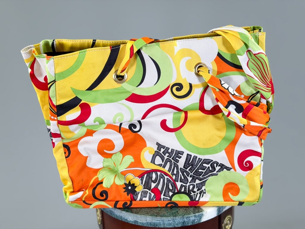 Vintage Cocktail Pareos Silk Printed Tote Bag: Vintage Cocktail Pareos Silk Printed Tote Bag having magnetic snap top closure with removable shoulder straps and interior zippered bag. Measuring approximately 11 inches high by 12 inches wide by 5 i