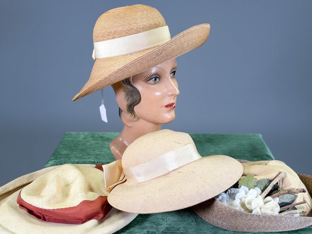 Collection of Four Vintage Straw Sun Hats: Collection of Four Vintage Straw Sun Hats all with varying degrees of wear throughout as shown. Labels include Frank Olive, Anne Carol, Genuine Panama, Rosemary Warren for Nancy Heller. From the lifet