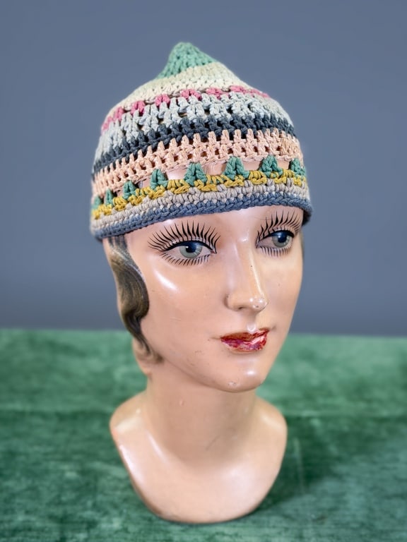 Vintage Crochet Stripe Cap Hat: Vintage Crochet Stripe Cap Hat. Interior circumference measuring approximately 22 inches with stretch throughout. From the lifetime collection, fashion archive and business inventory of collector and 