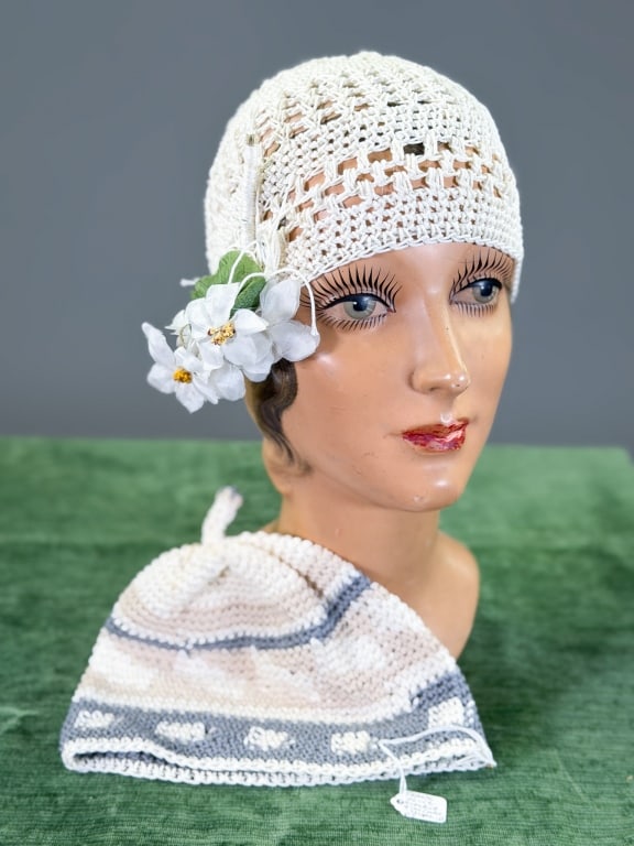 Two Vintage Frank Olive Crochet Hat Caps: Two Vintage Frank Olive Crochet Hat Caps both having stretch throughout. Labeled Frank Olive. From the lifetime collection, fashion archive and business inventory of collector and dealer Elaine Klausm