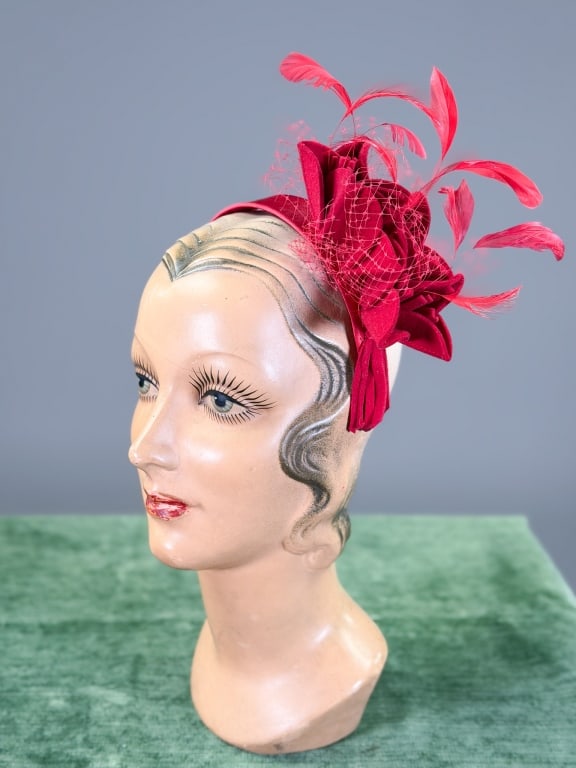 Vintage Satin Felt Wool Floral Fascinator Headband: Vintage Satin Felt Wool Floral Fascinator Headband having goose feather details. One size fits most. From the lifetime collection, fashion archive and business inventory of collector and dealer Elaine