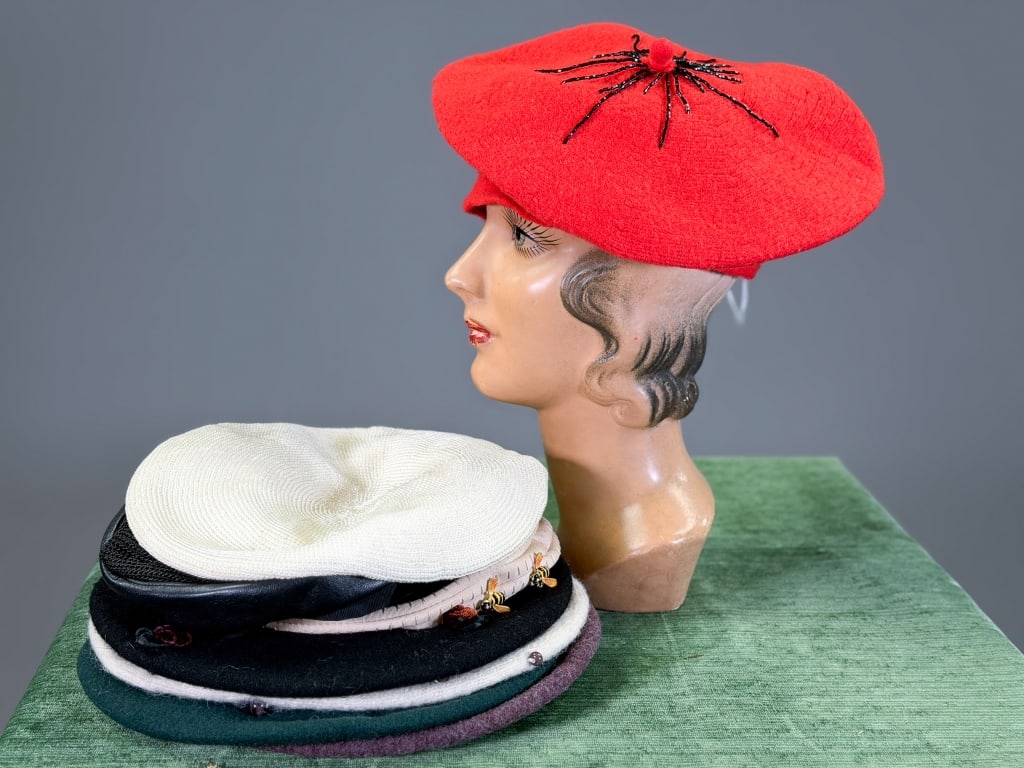Group of Vintage Wool Knit Leather Crochet Berets: Group of Vintage Wool Knit Leather Crochet Berets Hats. Labels include Lambert, Suzy and Bergdorf Goodman. All with general wear as shown throughout. From the lifetime collection, fashion archive and 