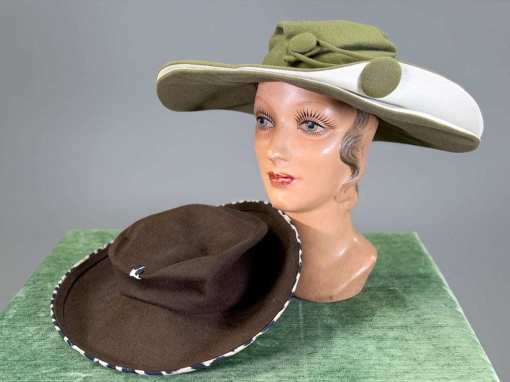 Two Vintage Wool Felt Wide Brim Hats: Two Vintage Wool Felt Wide Brim Hats. Labels include Oval Room & Frank Olive. Larger hat measuring approximately 17 inches in diameter. General wear as shown throughout. From the lifetime collection, 