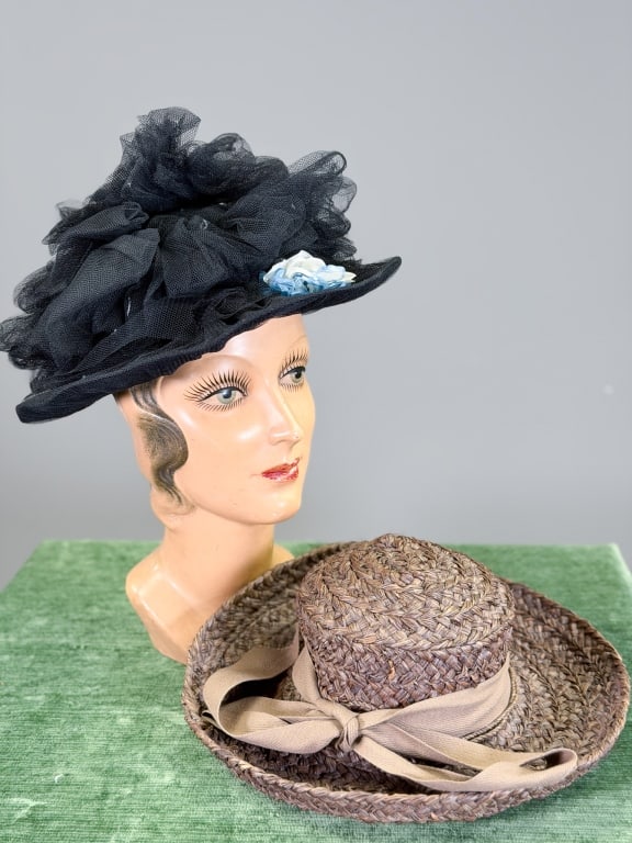 Two Vintage Straw & Net Hats: Two Vintage Straw & Net Hats. One labeled Helen Kaminski. Larger measuring 15 inch total diameter. From the lifetime collection, fashion archive and business inventory of collector and dealer Elaine K
