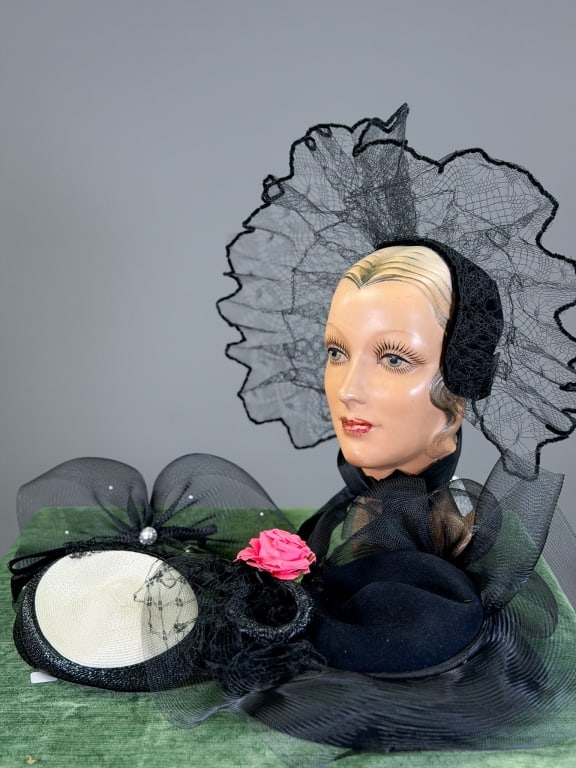 Collection of Five Vintage Horsehair Velvet Hats: Collection of Five Vintage Horsehair Straw Velvet Hats. Labels include Frank Olive, Suzanne, Eric Javits, Rufenacht & Heuberger Berlin. General wear as shown throughout. Largest hat measuring 17 inche