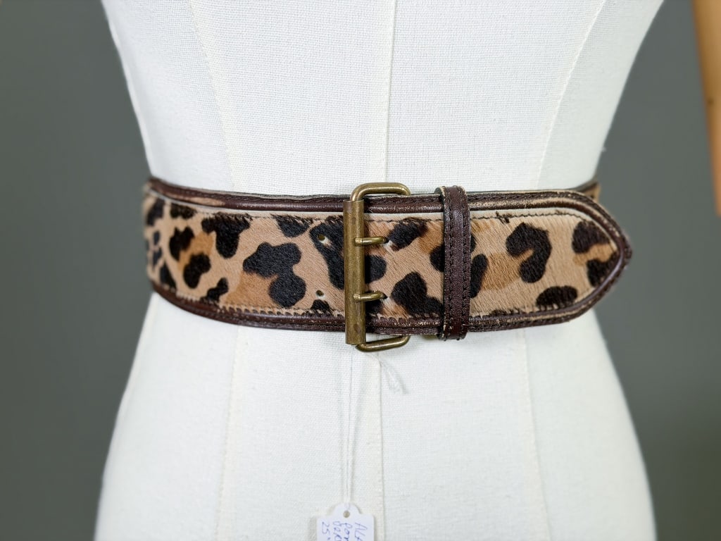 Vintage Alaia Pony Hair Cheetah Print Belt: Vintage Alaia Pony Hair Cheetah Print Belt. Marked 65. Measuring approximately 30.5 inches total length. Waist measuring 25-27 measures. General wear as shown throughout. From the lifetime collection,