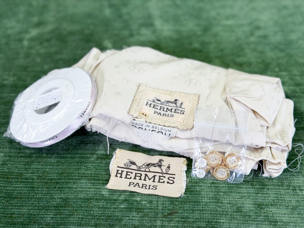 Vintage Hermes & Chanel - Trim Button Labels: Vintage Collection of Designer Trim Button Labels including roll of Chanel ribbon and Hermes labels, fabric & buttons. From the lifetime collection, fashion archive and business inventory of collector