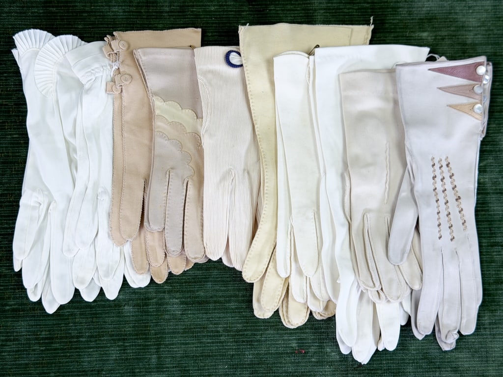 Collection of Vintage Short Ladies Gloves: Collection of Vintage Short Ladies Gloves including 10 pairs total of varying sizes with stretch throughout most. From the lifetime collection, fashion archive and business inventory of collector and 