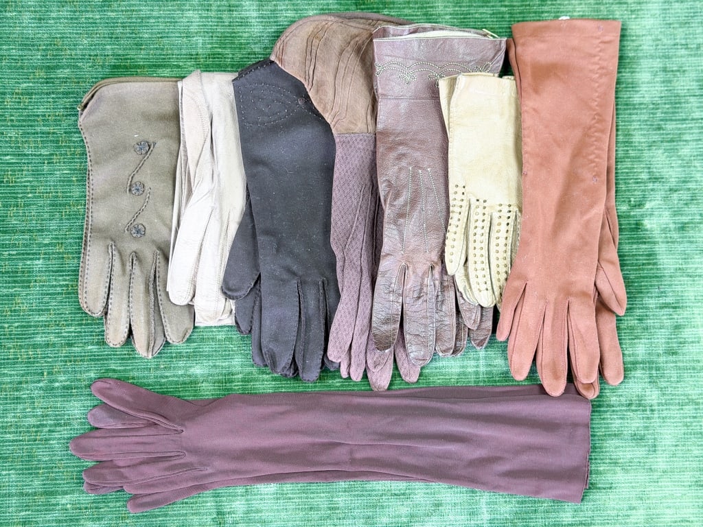 Collection of Vintage Brown Ladies Gloves: Collection of Vintage Brown Ladies Gloves including 8 pairs total of varying sizes, knit & leather with stretch throughout most. From the lifetime collection, fashion archive and business inventory of