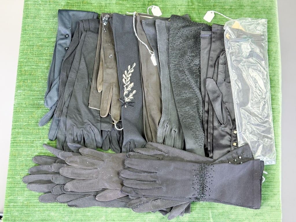 Collection of Vintage Medium & Long Ladies Gloves: Collection of Vintage Medium & Long Ladies Gloves including 16 pairs total of varying sizes, knit & leather with stretch throughout most. From the lifetime collection, fashion archive and business inv
