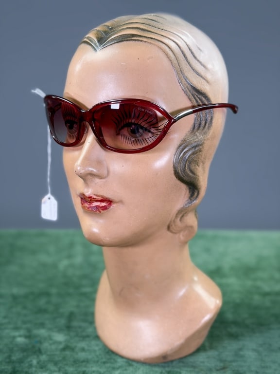 Tom Ford Jennifer Red Sunglasses: Tom Ford Jennifer Sunglasses having cut out design at lens. General wear as shown throughout. From the lifetime collection, fashion archive and business inventory of collector and dealer Elaine Klausm