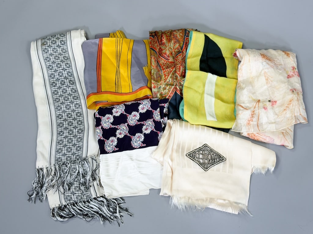 Group of Vintage & Antique Silk Neck Scarves: Group of Vintage & Antique Silk Neck Scarves with seven total included in varying sizes with general wear as shown throughout. From the lifetime collection, fashion archive and business inventory of c