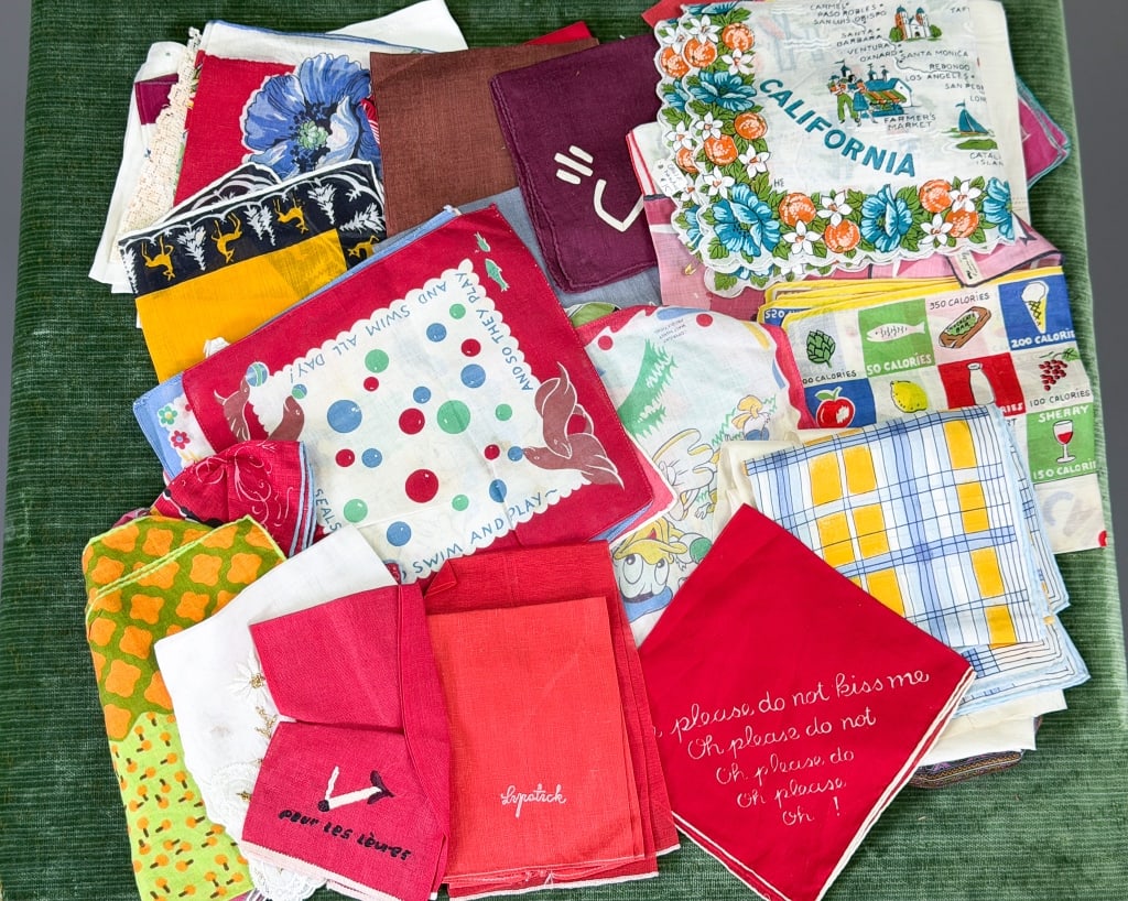 Group of Vintage Handkerchiefs Scarves & Textiles: Group of Vintage Handkerchiefs Scarves & Textiles in varying sizes with general wear as shown throughout. From the lifetime collection, fashion archive and business inventory of collector and dealer E