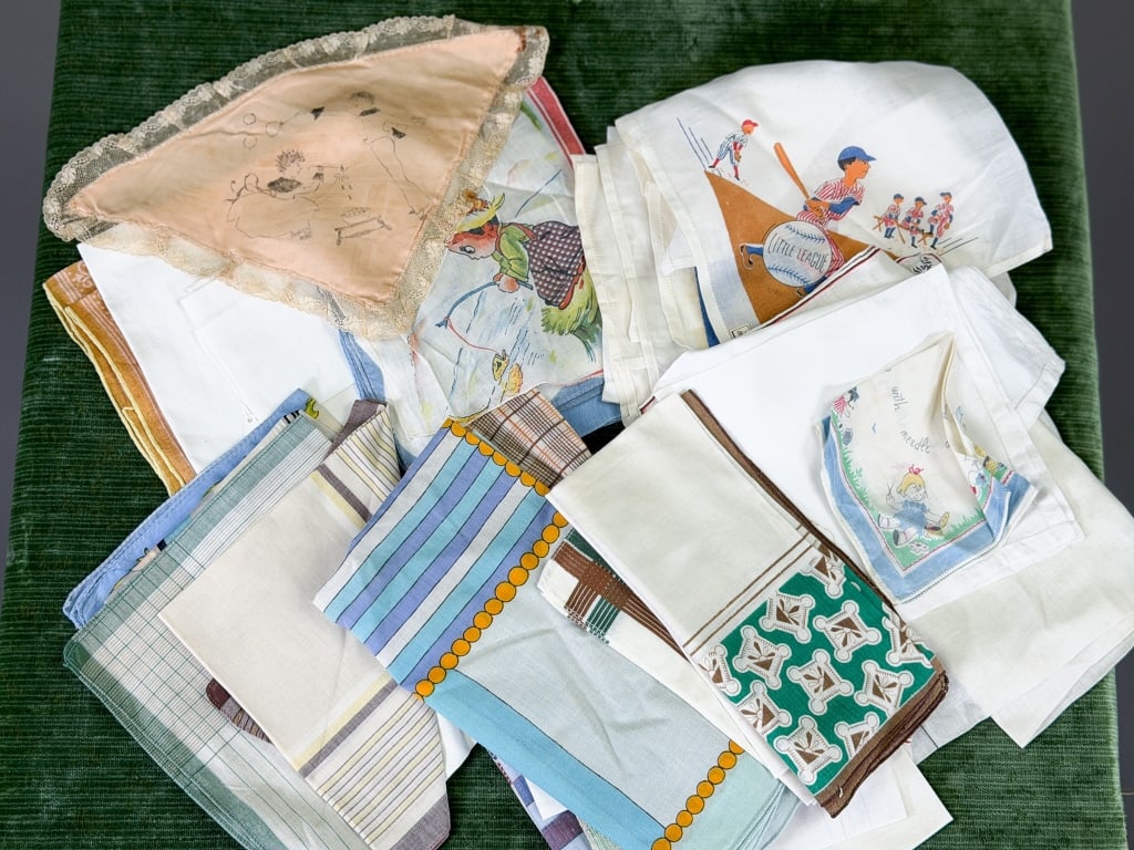 Group of Vintage Handkerchiefs Scarves & Textiles: Group of Vintage Handkerchiefs Scarves & Textiles in varying sizes with general wear as shown throughout. From the lifetime collection, fashion archive and business inventory of collector and dealer E