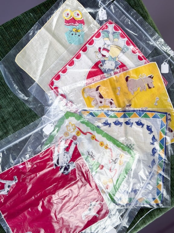 Group of Vintage Cotton Printed Handkerchiefs: Group of Vintage Cotton Printed Handkerchiefs all measuring approximately 9 inches by 9 inches. General wear as shown throughout. From the lifetime collection, fashion archive and business inventory o