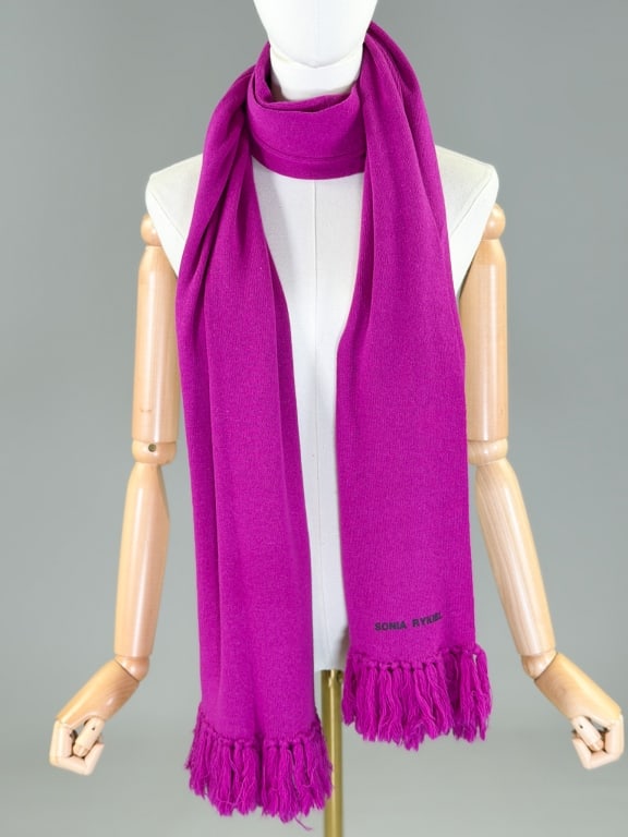 Vintage Sonia Rykiel Wool Angora Knit Neck Scarf: Vintage Sonia Rykiel Wool Angora Knit Neck Scarf with fringed edges and logo at bottom. Measuring approximately 80 inches long by 20 inches wide. From the lifetime collection, fashion archive and busi