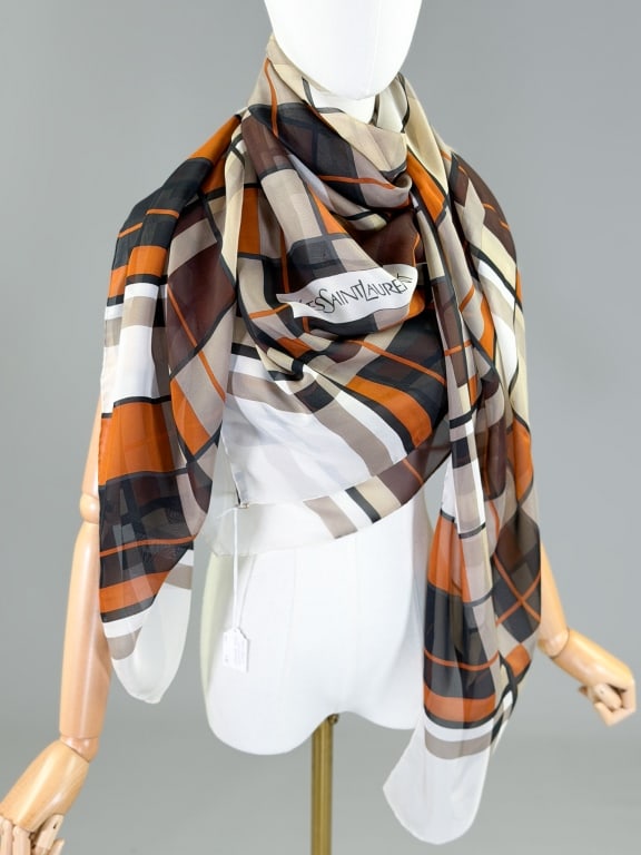 Vintage Yves Saint Laurent Silk Printed Neck Scarf: Vintage Yves Saint Laurent Silk Printed Neck Scarf. Measuring approximately 57 inches by 42 inches. From the lifetime collection, fashion archive and business inventory of collector and dealer Elaine 