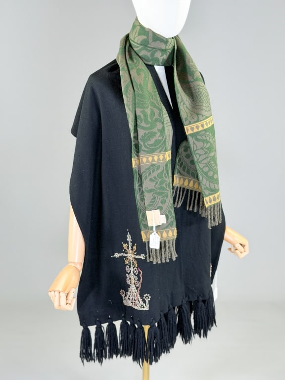 Two Vintage Wool Neck Scarves: Two Vintage Wool Neck Scarves one circa 1950s with beading and fringe measuring approximately 82 inches by 17 inches. One labeled Anichini measuring approximately 72 inches by 16 inches. From the life