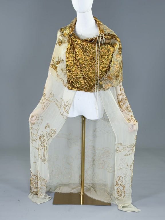 Dries Van Noten Silk Chiffon Lame Beaded Lace Wrap: Dries Van Noten Silk Chiffon Lame Beaded Lace Wrap. Marked Size 38 with original tag attached. Measuring one size fits most. Measuring approximately 53 inches long. From the lifetime collection, fashi
