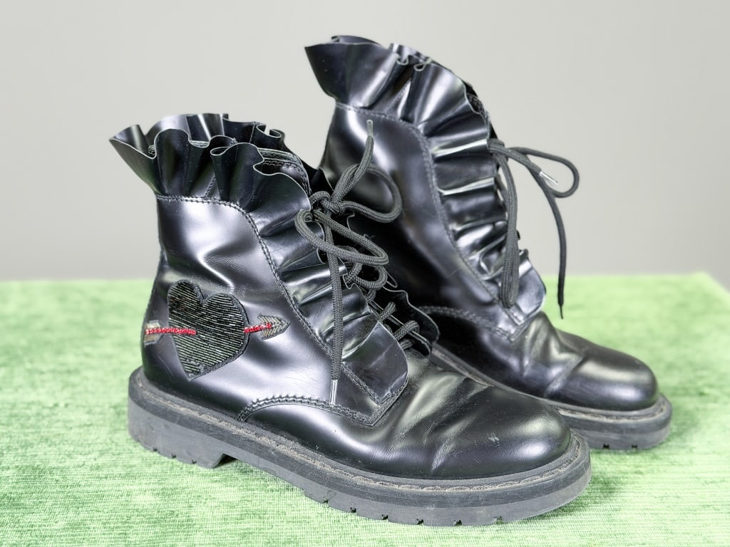 Valentino Leather Embellished Ruffle Lace-Up Boots (1 of 9)