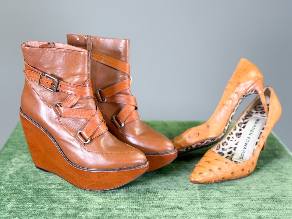 Vintage Robert Clergerie & Warren Edwards Heels: Vintage Robert Clergerie & Warren Edwards Heels. Both marked size 8.5. General wear as shown throughout. From the lifetime collection, fashion archive and business inventory of collector and dealer El