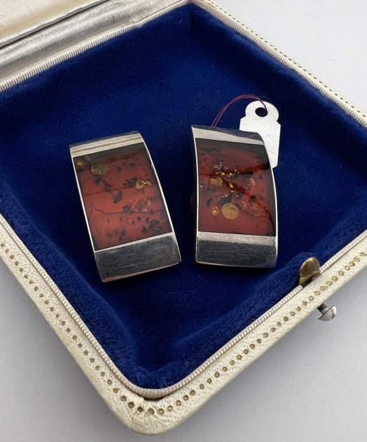 Pair Modernist Design Sterling & Amber Earrings: Pair Modernist Design Sterling & Amber Earrings. Hallmarked. Each measures 1.5 inches in length. From the lifetime collection, fashion archive and business inventory of collector and dealer Elaine Kla