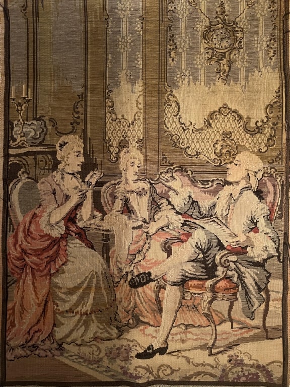 Antique C 1920s European Tapestry of Rococo Court: Antique C 1920s European Tapestry of Rococo Court Scene. Interior scene of a castle or chateau with court figures / nobility. Likely French or Belgian in origin. Measures approximately 39 x 29 inches.