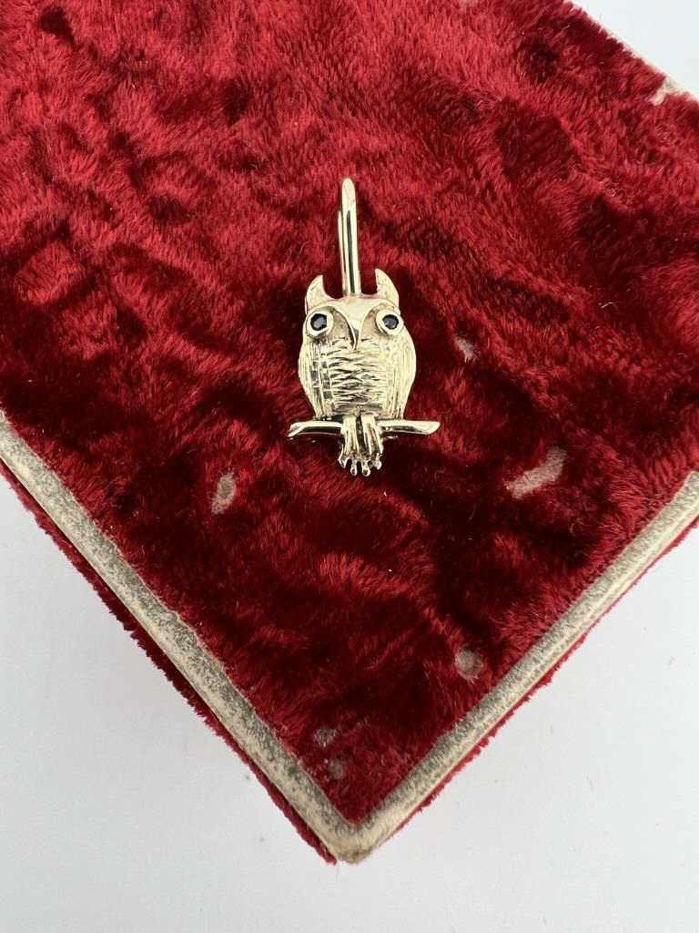 Antique 19th C 14k Gold Gemstone Eye Owl Pendant: Antique 19th C 14k Gold Gemstone Eye Owl Pendant. Converted necklace pendant or charm made from a Victorian era stick pin. Acid and machine tests for 14kt gold. Measures just under 1 of an inch in len