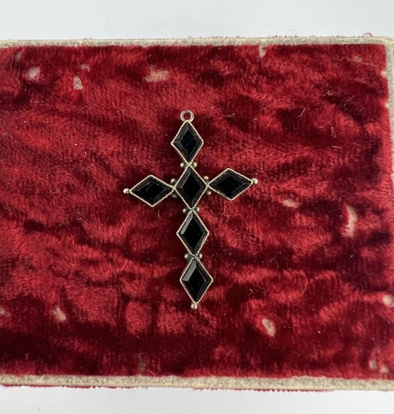 Antique 19th C 10kt Gold & Jet Cross Pendant (1 of 6)