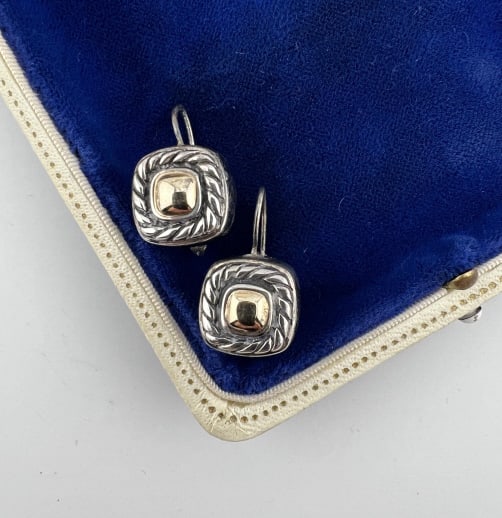 Pair 14kt Yellow Gold & Sterling Silver Earrings: Pair 14kt Yellow Gold & Sterling Silver Earrings. Hallmarked on the backs 14k and 925. David Yurman style. Each measures 1 inch in length.