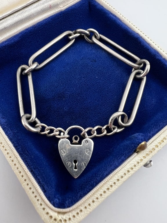 Antique English Sterling Heart Padlock Bracelet (1 of 8)