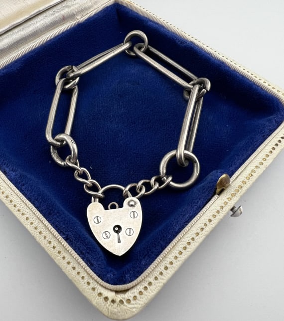 Antique English Sterling Heart Padlock Bracelet (1 of 6)