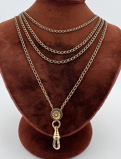 Antique 19th C 10k Gold Slide Watch Chain Necklace: Antique 19th C 10k Gold Slide Watch Chain Necklace. Antique 19th C Victorian Era watch chain / guard chain necklace. Gold filled chain and gold clip with slide that tests as 10kt gold on the front and