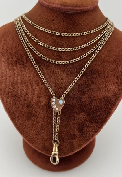 Antique 19th C 10k Gold Slide Watch Chain Necklace: Antique 19th C 10k Gold Slide Watch Chain Necklace. Antique 19th C Victorian Era watch chain / guard chain necklace. Gold filled chain and gold clip with slide that tests as 10kt gold on the front and