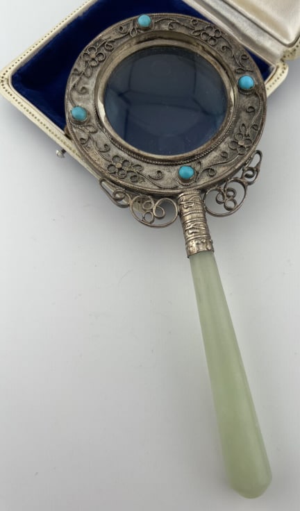 Chinese Jade Hand Magnifier w Turquoise Cabochons (1 of 8)