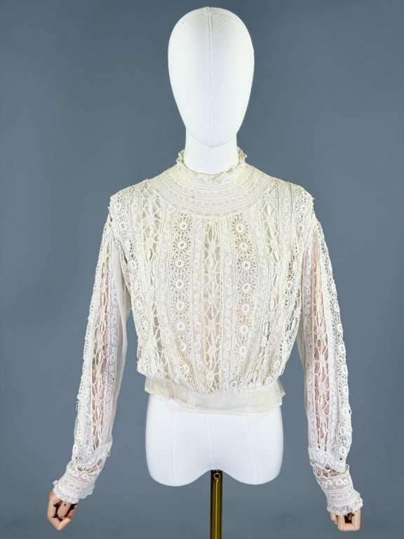 Antique Edwardian 1900s Cotton Lace Crochet Blouse: Antique Edwardian 1900s Cotton Lace Crochet Blouse having back hook closure with wear as shown. Measuring 40 inch bust, 28 inch waist, 18 inches long, 23 inch sleeve length. General wear as shown thro